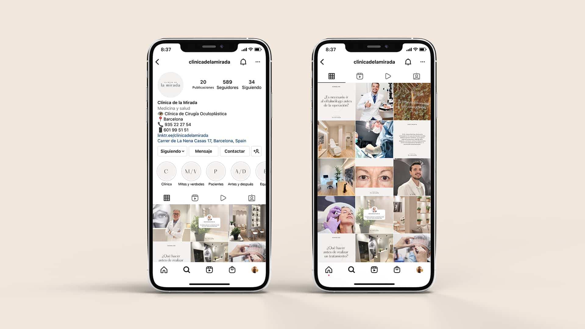 Presencia en redes sociales de Clínica de La Mirada, diseño de Mariona Agency