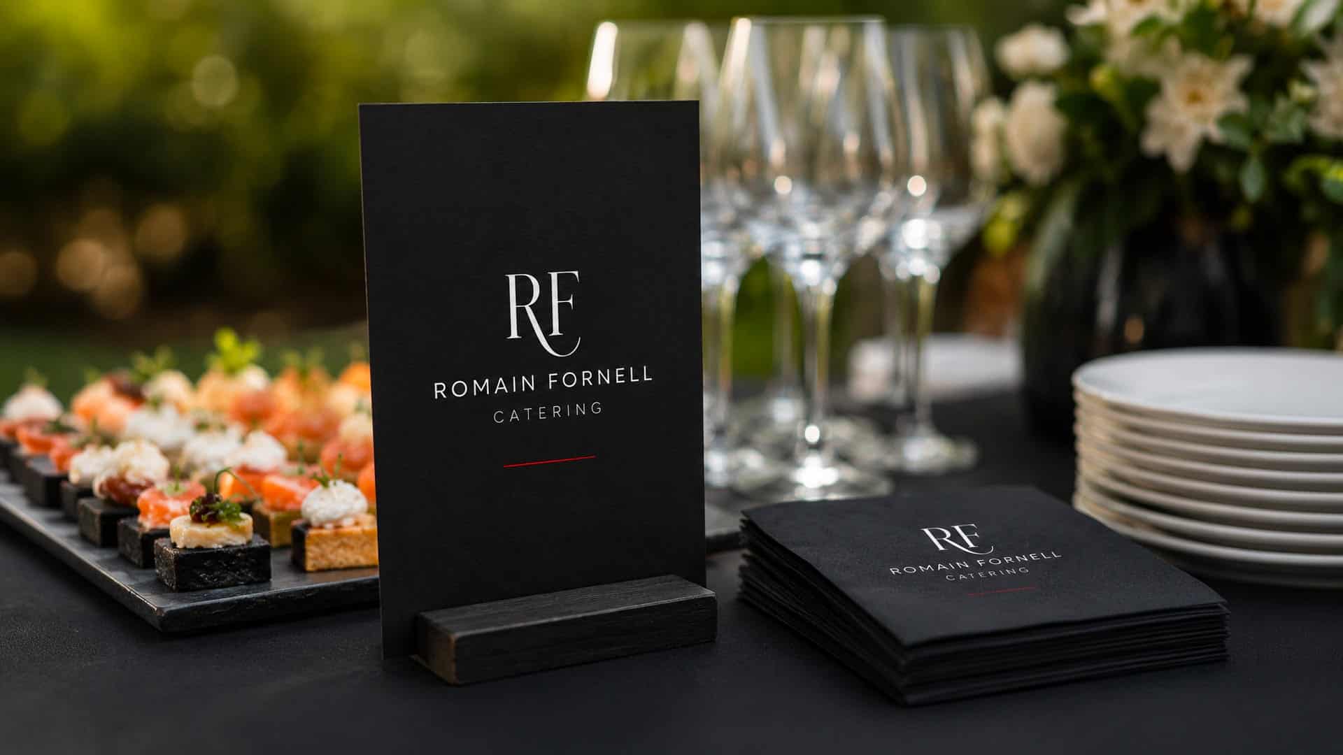 Papelería del catering de Romain Fornell creada por Mariona Agency