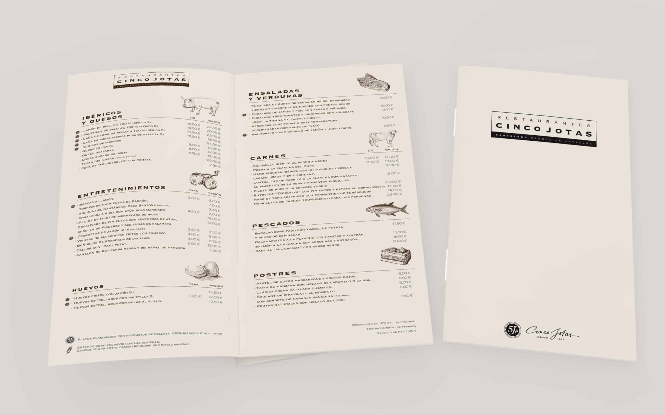 Cartas de los restaurantes Cinco Jotas diseñadas por Mariona Agency
