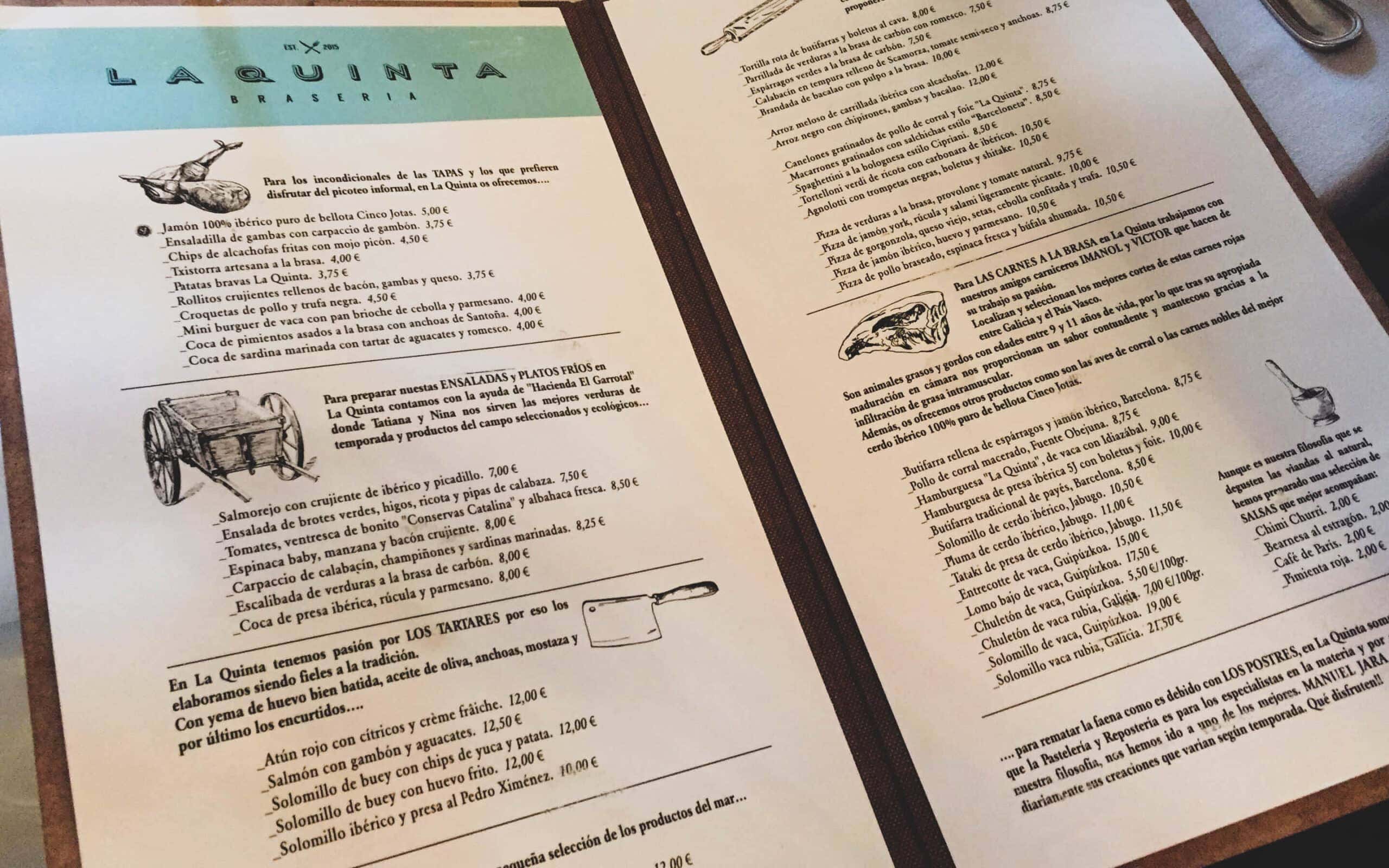 Carta de La Quinta Brasería maquetada por Mariona Agency